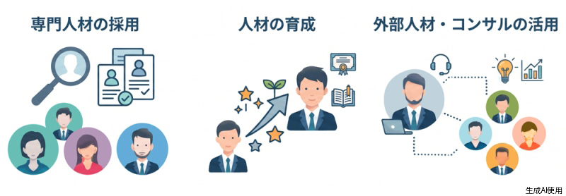 本章で解説する人材確保・活用における3つのアプローチのまとめ図
