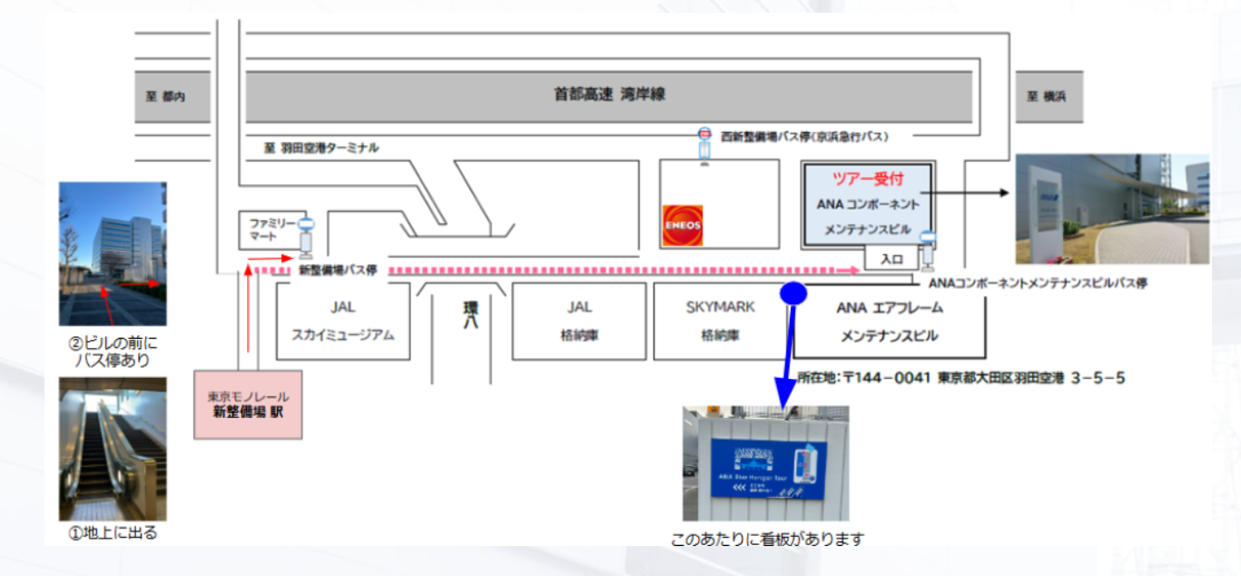 ①東京モノレール「新整備場駅」下車後、地上に出る。②ビルの前にバス停がある。ビル沿いにまっすぐ進む。③SKYMARKの格納庫を過ぎたところに看板がある。少し先の左の建物。