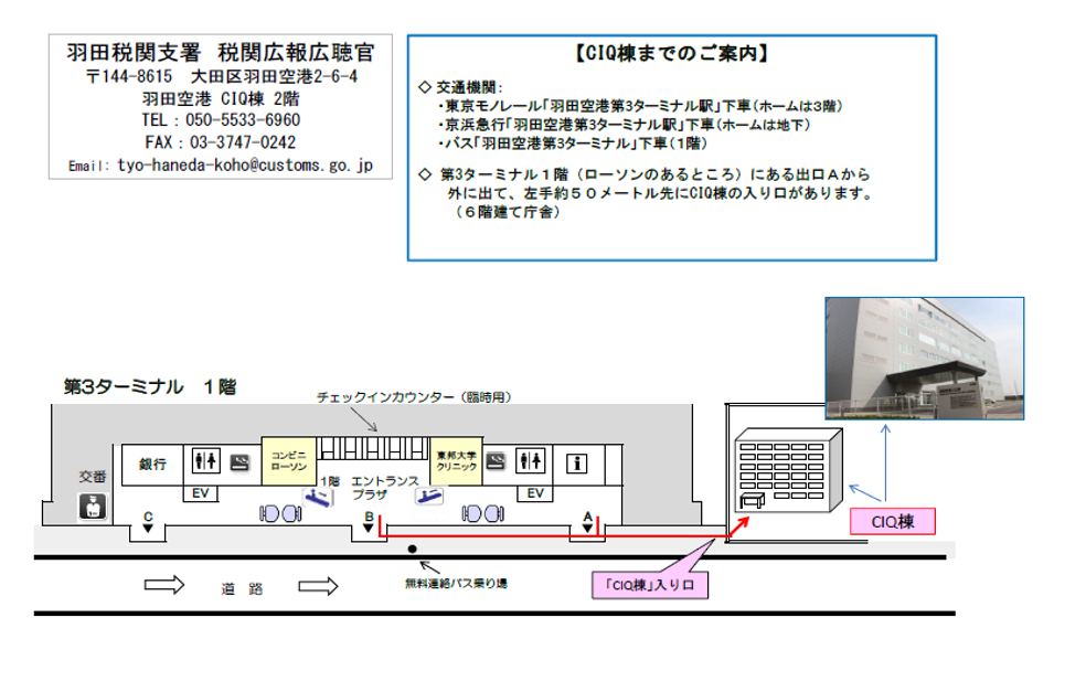 CIQ棟までのご案内。交通機関。東京モノレール「羽田空港第3ターミナル駅」下車（ホームは3階）。京浜急行「羽田空港第3ターミナル駅」下車（ホームは地下）。バス「羽田空港第3ターミナル」下車（1階）。第3ターミナル1階（ローソンのあるところ）にある出口Aから外に出て、左手約50メートル先にCIQ棟の入口があります（6階建て庁舎）。