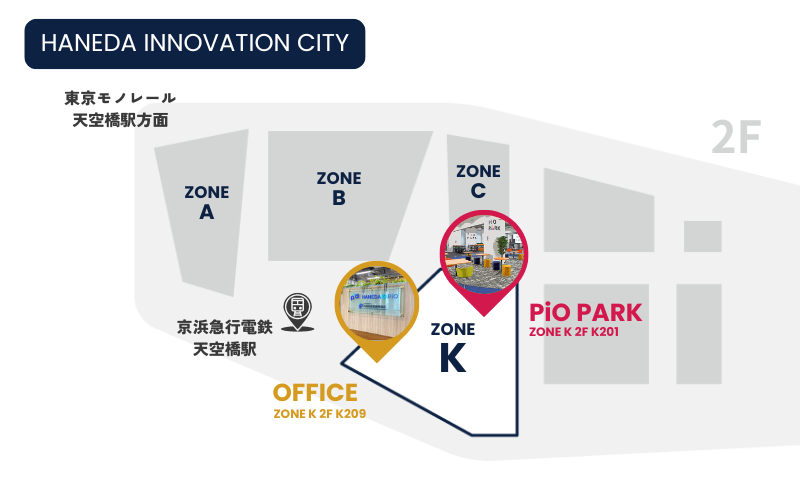 羽田イノベーションシティ2階のフロアマップ。ZONE K内にあるPiO PARKとOFFICEの位置を示した図。