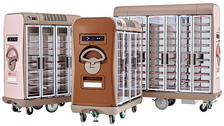 温冷配膳車「MOGsmile」。“すべての人にわくわくをとどける”をコンセプトに、病院・福祉施設などで健康で豊かな食生活を支えている。