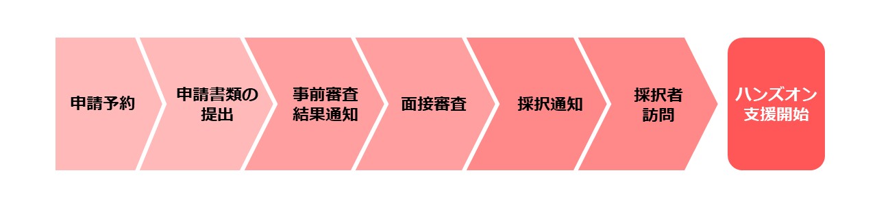 申請予約→事前説明会（動画掲載）→申請書類の提出→事前審査結果通知→面接審査→採択通知→採択者訪問→ハンズオン支援開始