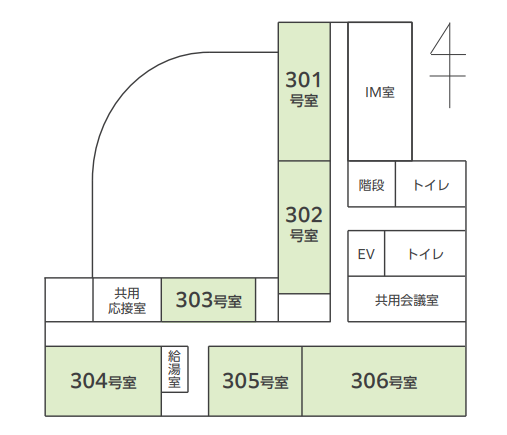 フロアマップ　301号室、302号室、303号室、304号室、305号室、306号室、IM室、階段、トイレ、EV、トイレ、共用会議室、共用応接室、給湯室