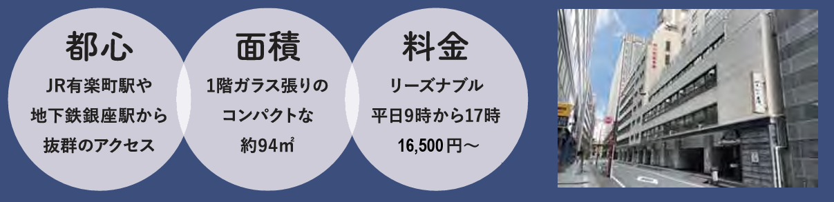 「都心」JR有楽町駅や地下鉄銀座駅から抜群のアクセス「面積」1階ガラス張りのコンパクトな約94平方メートル「料金」リーズナブル平日9時から17時16,500円～