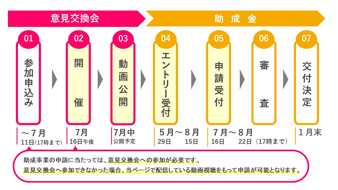 助成金の申請から交付決定までのスケジュールのフローチャート図