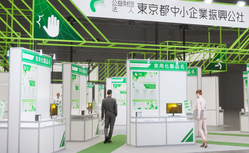 ブースに関すること:イメージパース ブース中央にはキービジュアルを大きく表現した出展者ステージを配置。大型モニターを設置し、様々な演出でプログラムを実施可能