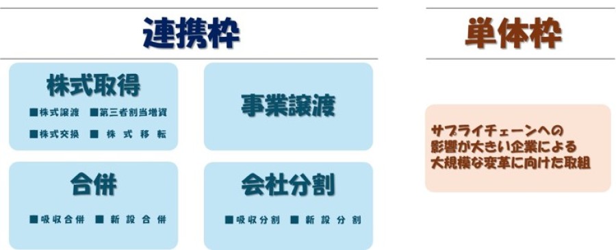 連携枠|株式取得(株式譲渡、第三者割当増資、株式交換、株式移転)単体枠|サプライチェーンへの影響が大きい企業による大規模な変革に向けた取組