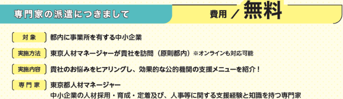 専門家派遣は、無料でご利用いただけます。 対象は、都内に事業所を有する中小企業で 実施方法は、東京人材マネージャーが貴社に訪問し行います。 オンラインも対応可能です。 実施内容は、貴社のお悩みｗヒアリングし、効果的な公的機関の支援メニューをご紹介します。東京人材マネージャーは、中小企業の人材採用 育成、定着及び、人事等に関する支援経験と知識をもつ専門家になります。
