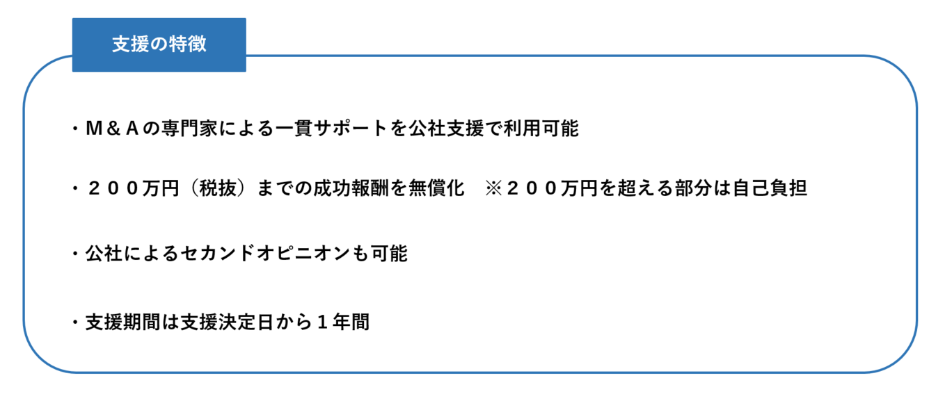 支援の特徴として、一つ目はM&Aの専門家による一貫サポートを公的支援で利用可能。二つ目は200万円(税抜)までの成功報酬を無償化。但し、200万円を超える部分は自己負担となります。三つ目は公社によるセカンドオピニオンも可能。四つ目が支援期間は支援決定日から1年間となります。