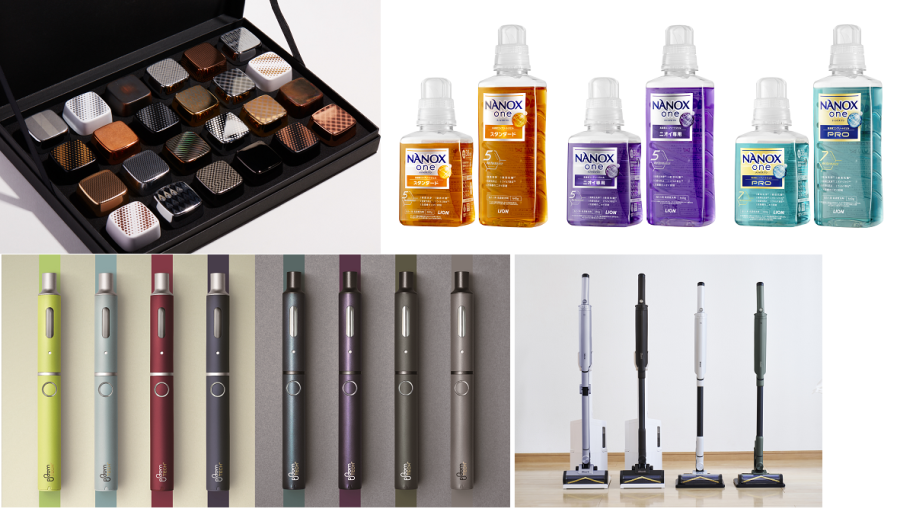 （上段）CMFデザインの展示会「CMF TOKYO-SENSE」展示作品／LION NANOX one （下段）JT Ploom TECH+／Shark EVOPOWER SYSTEM BOOST+/BOOST