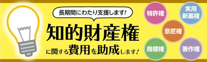 知的財産権に関する費用を助成します。長期間にわたり支援します。特許権、実用新案権、意匠権、商標権、著作権。